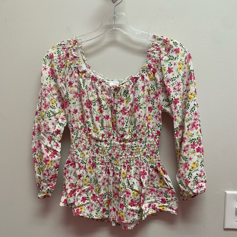 Floral Off-The-Shoulder, Three-Quarter Sleeve Top